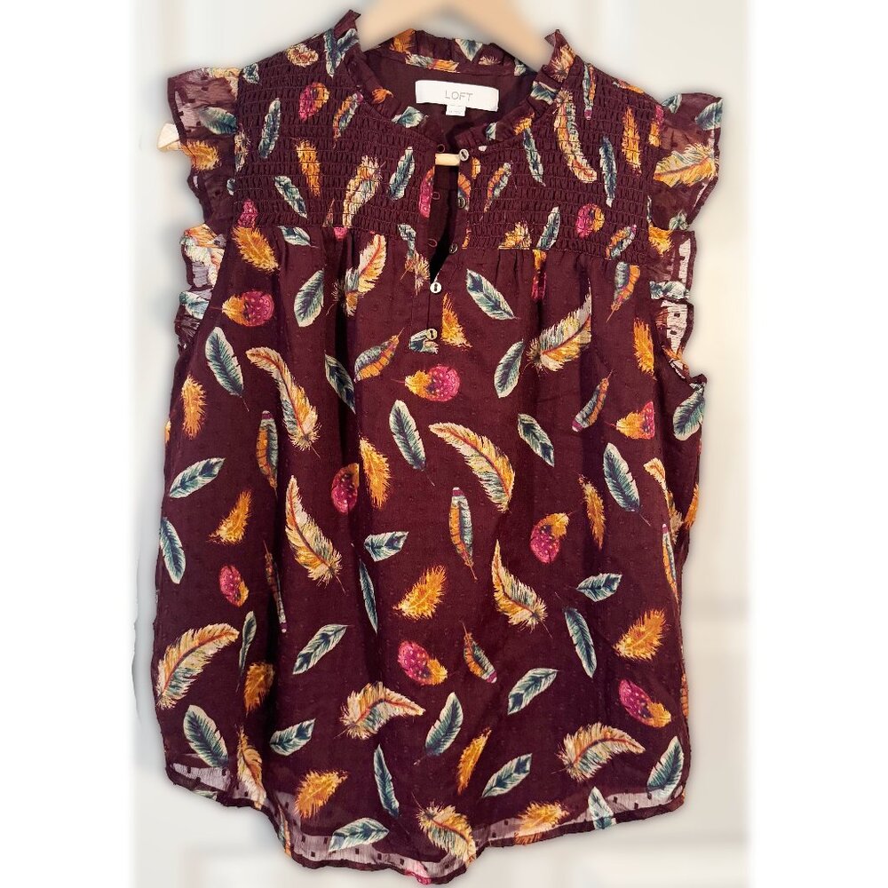 LOFT Women's Feather Smocked Ruffle Button Top Size Medium